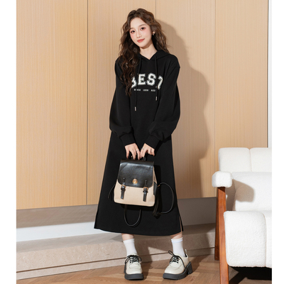 唐狮连帽卫衣连衣裙女秋冬新款长