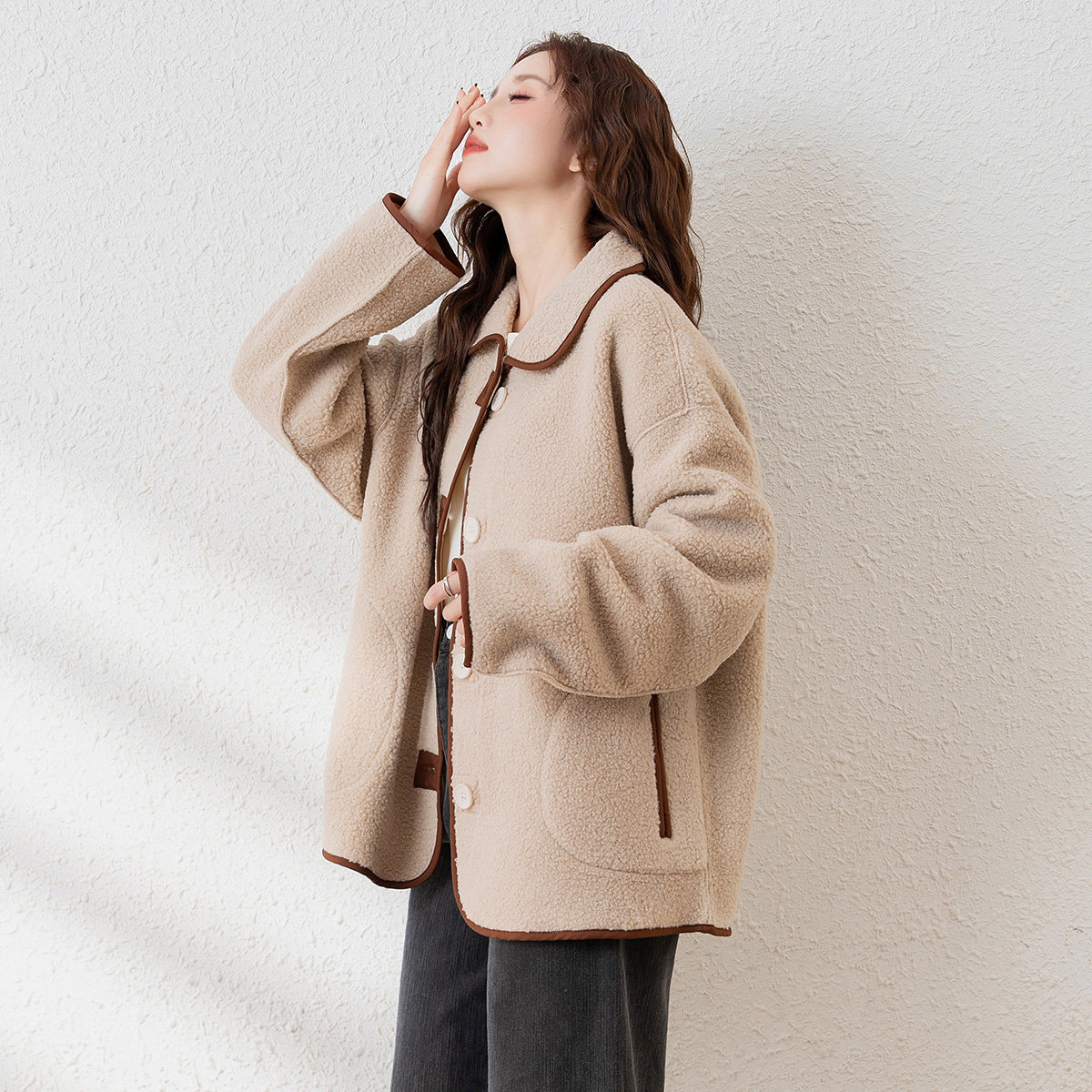 唐狮新款外套女摇粒绒流行翻领拼接休闲韩系百搭开衫上衣流行tu