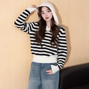唐狮秋冬经典条纹设计连帽套头毛衣女春秋可外穿高级感毛衣女tu