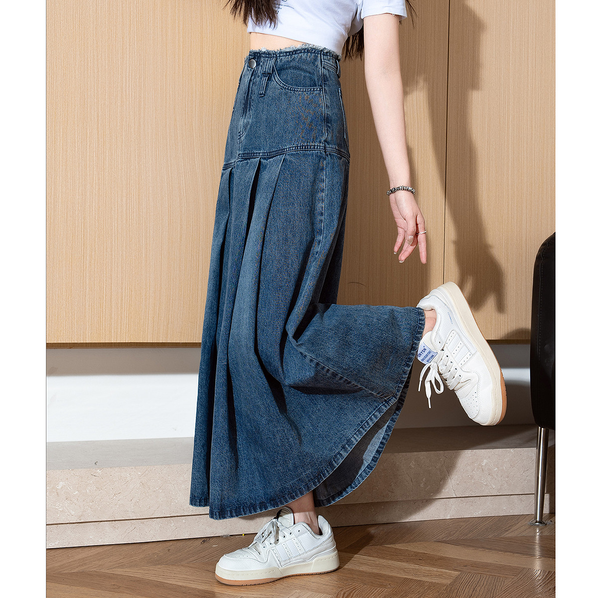 唐狮春夏季新款女半身裙宽松水洗百褶牛仔半身长裙高腰显瘦TE