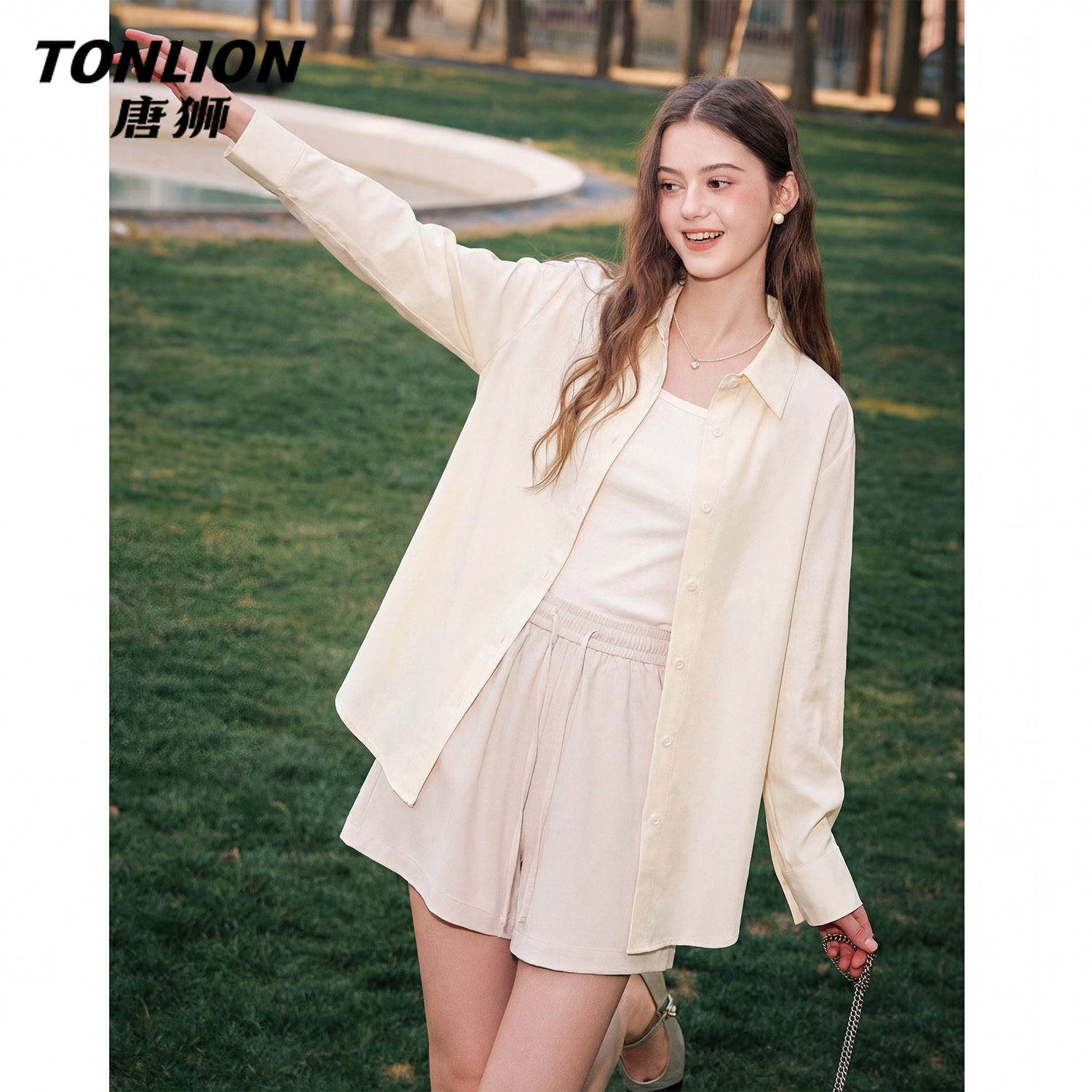 唐狮官方杏色冰丝长袖衬衫女夏2026新款春装衬衣防晒服外套上衣V