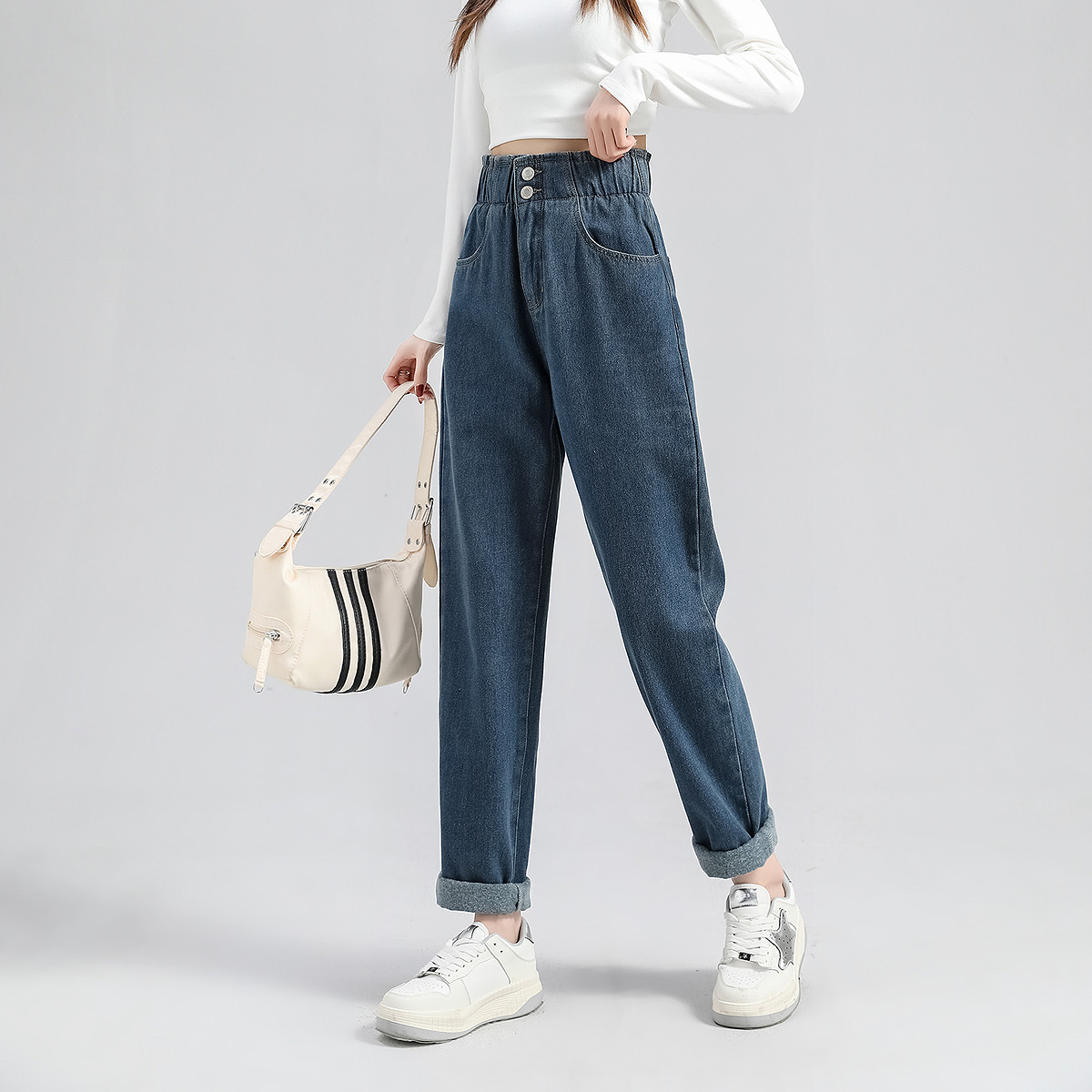 唐狮春季新款牛仔裤女高腰哈伦裤松紧腰直筒显瘦复古通勤裤子WTD