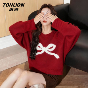 唐狮官方红色针织衫女2026新款冬季女款新年本命年马年套头毛衣VB