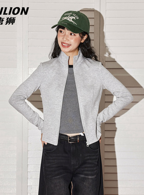 唐狮官方修身外套女春秋2026新款女士收腰显瘦灰色短款立领上衣VB