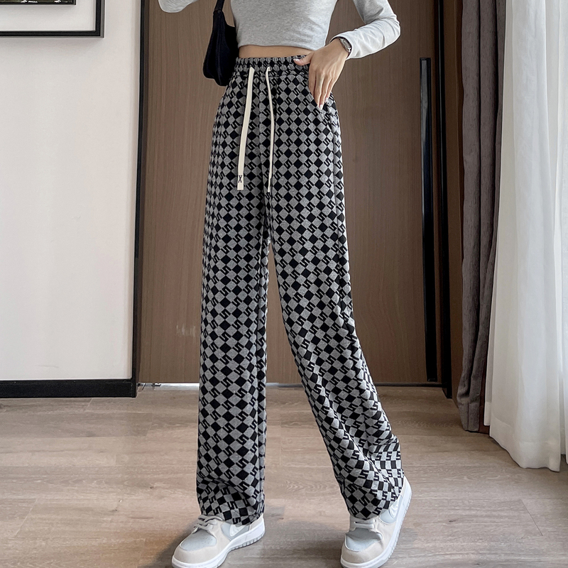 唐狮菱形格裤子女士秋冬拖地裤垂