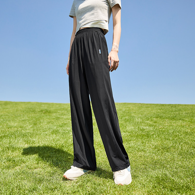 唐狮夏季阔腿休闲运动裤女凉感薄款高腰显瘦冰丝防晒黑色束脚裤子