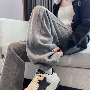 唐狮春秋新款女休闲裤宽松直筒阔腿裤显瘦百搭黑工装长裤 TD