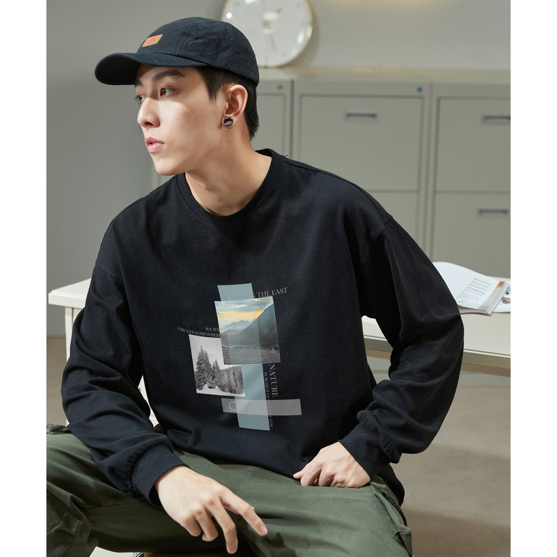 唐狮秋长袖T恤男士港风都市内搭打底衫韩版男士潮流宽松显