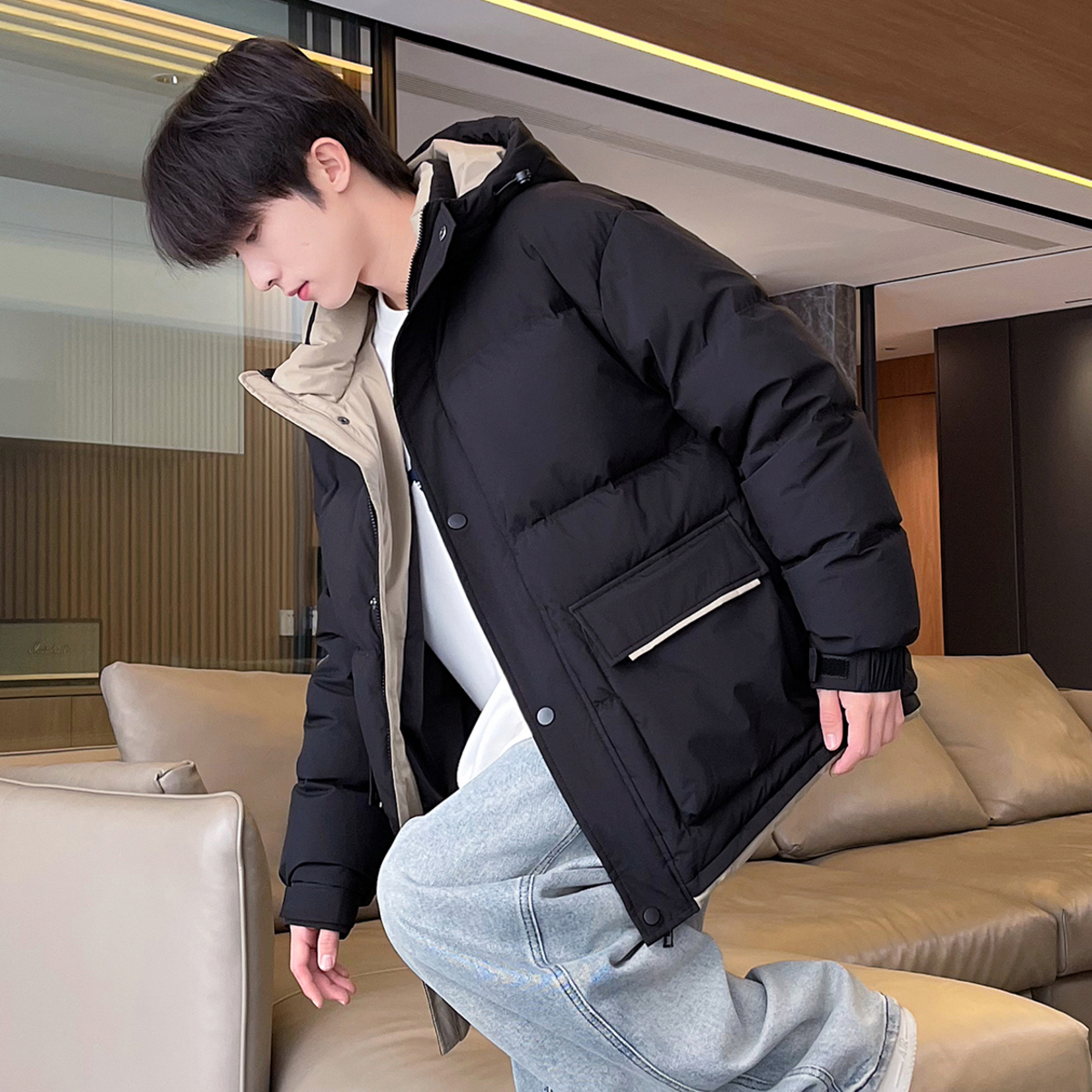 唐狮冬季新款撞色拼接羽绒服男连