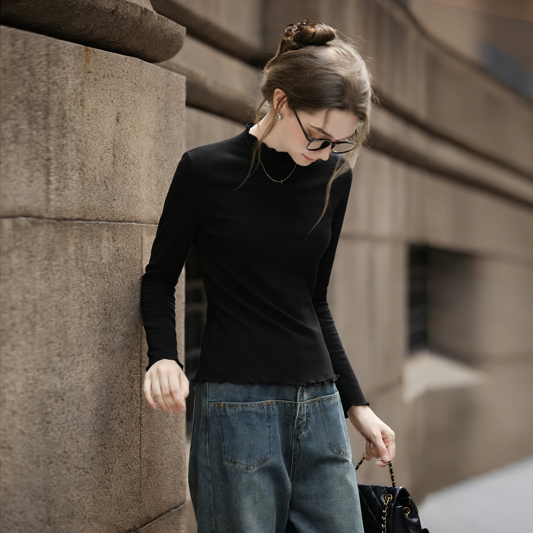 唐狮打底衫女冬季加绒半高领保暖内搭木耳边洋气上衣2025新款VB