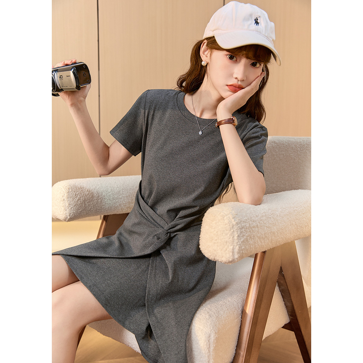 唐狮连衣裙女春夏季新款棉质短袖休闲中长裙A型修身显瘦气质裙子