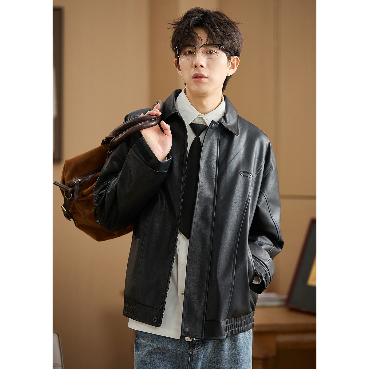 唐狮秋季新款皮衣男外套美式夹克宽松时尚机车风夹克男士外套TU