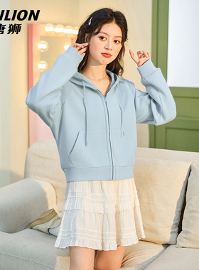 唐狮蓝色连帽卫衣外套女春秋款2026新款女款开衫短款早秋上衣VB