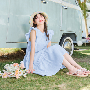 唐狮蓝色小飞袖连衣裙女夏季新款宽松裙子蛋糕裙公主裙仙女裙长裙