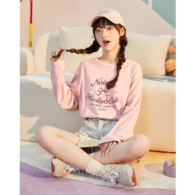 唐狮春秋装新款女长袖T恤宽松休闲圆领日常小清新上衣女甜美风TE