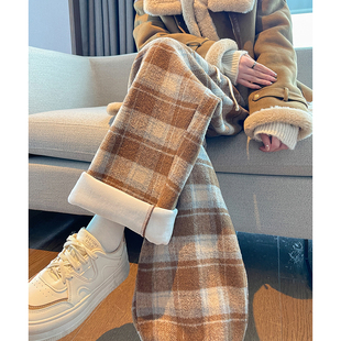 流行百搭咖色格子加绒阔腿长裤 女休闲裤 WPTD 新款 唐狮秋冬季