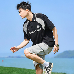 撞色翻领上衣学生潮牌运动T恤宽松 唐狮夏季 新款 男短袖 polo衫