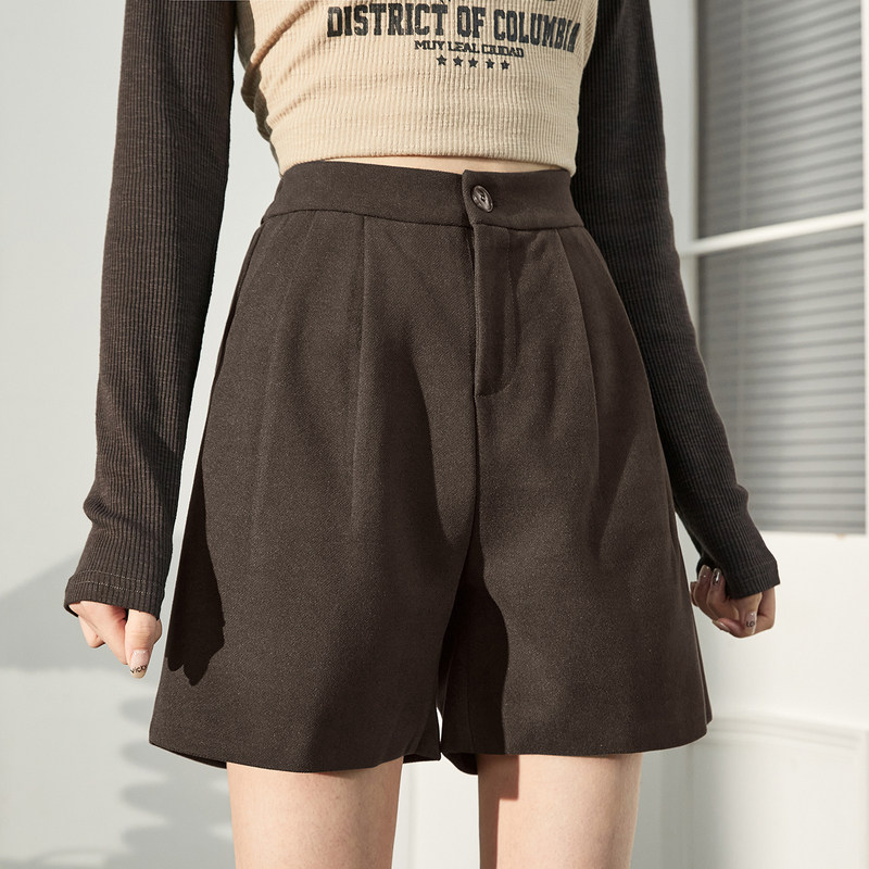 唐狮毛呢短裤加厚新款秋冬高腰a字宽松基础阔腿休闲裤子