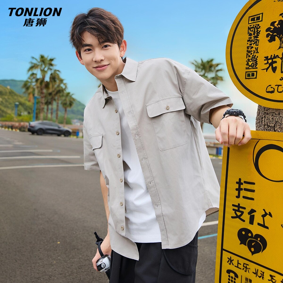 唐狮春夏季新款衬衫男短袖工装翻领美式复古重磅宽松衬衣男装