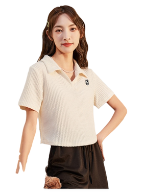 唐狮女短袖polo夏季v领左胸