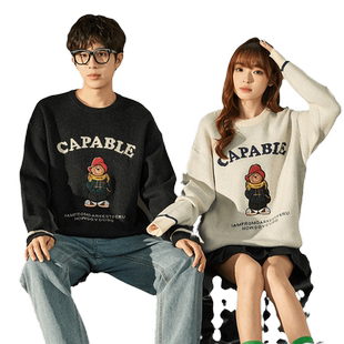 唐狮[帕丁顿熊]毛衣情侣装秋冬季新款圆领锈花毛衣男女宽松百搭潮