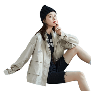 唐狮春秋新款工装外套女短款宽松百搭ins潮韩版休闲上衣薄款夹克