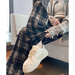 流行百搭直筒阔腿黑色显瘦格子长裤 女休闲裤 WPTD 新款 唐狮秋冬季