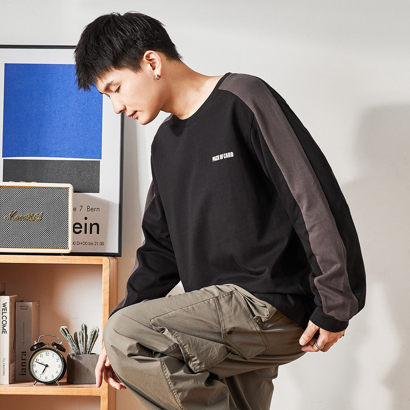 唐狮秋长袖T恤男士撞色拼接显瘦上衣宽松男士潮流港风打底衫男士4