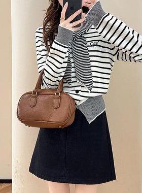 唐狮秋冬季毛衣外套女条纹系带设计感针织开衫慵懒高级感上衣tu