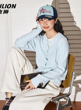 唐狮官方蓝色针织开衫外套女2026新款春秋款小个子圆领排扣毛衣VB