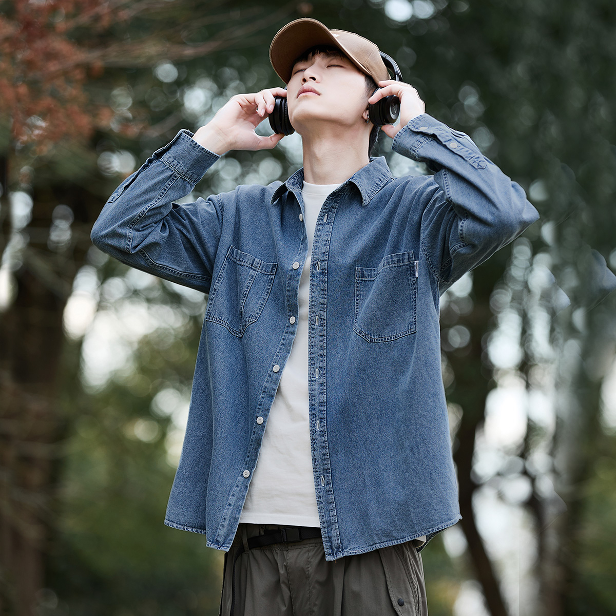 唐狮春秋季新款牛仔长袖衬衫男高