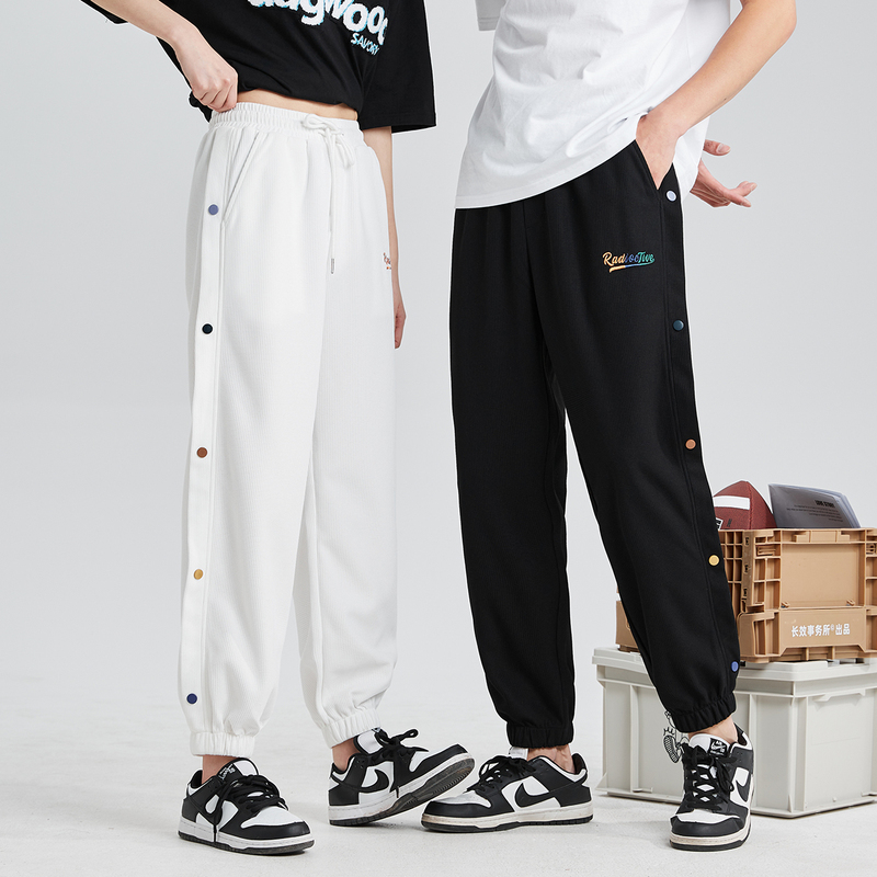 唐狮情侣休闲裤男排扣裤黑色春夏