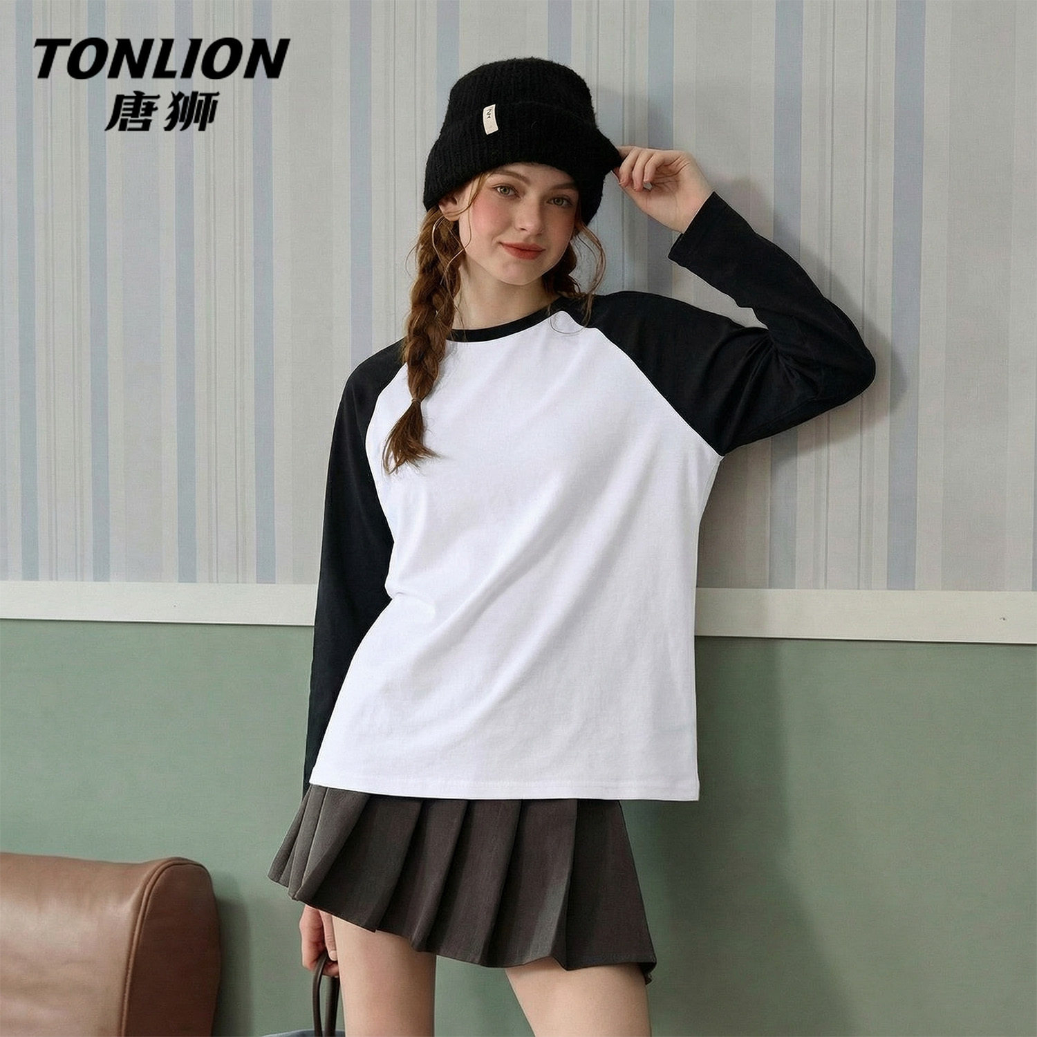 唐狮官方宽松长袖t恤女2026新款春秋款女士黑色撞色插肩袖上衣V