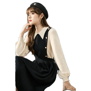 唐狮黑色连衣裙女秋冬假两件针织裙秋款女小个子冬季裙子毛衣裙