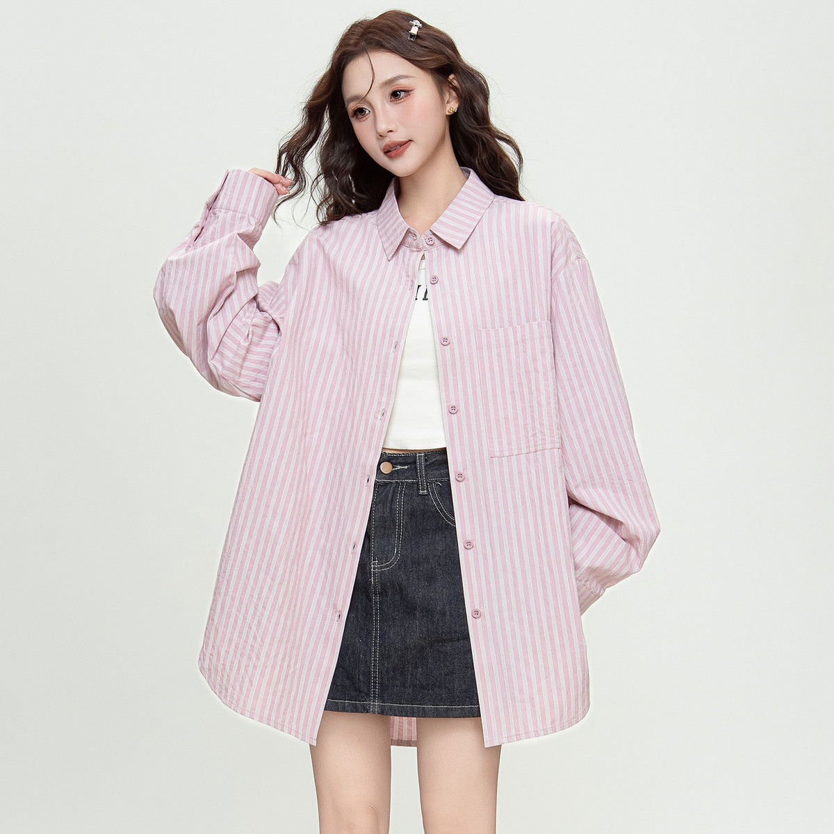 唐狮春秋女翻领条纹长袖衬衫简约宽松流行百搭ins风时尚TD