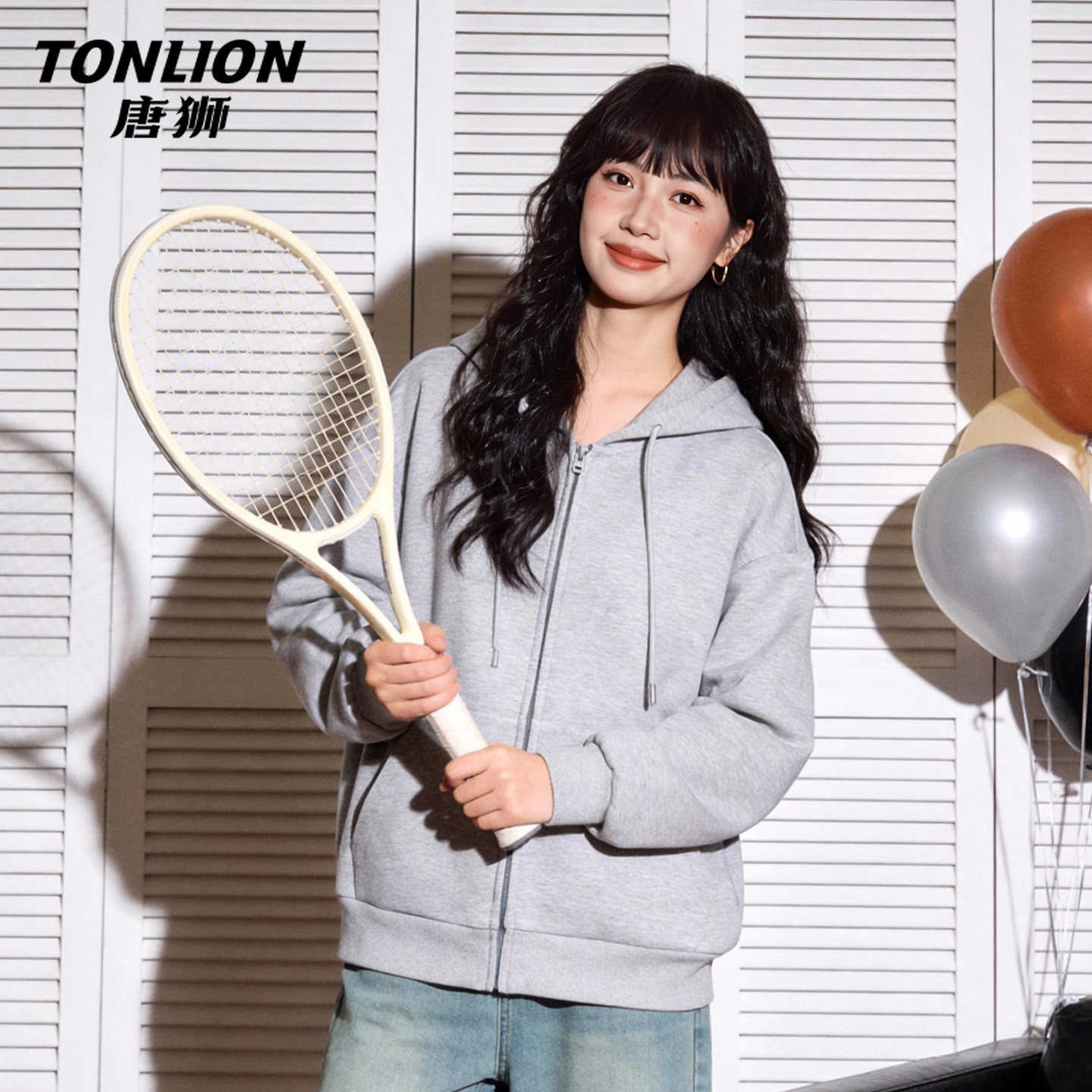 唐狮官方灰色连帽卫衣外套女2026新款春秋休闲韩版通勤开衫上衣V