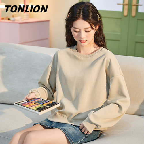 唐狮灰绿色圆领卫衣女2025新款爆款春秋季韩系慵懒风初秋外套女VB