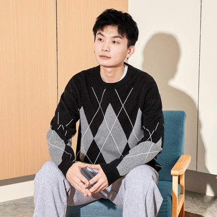 唐狮男士毛衣圆领冬季新款复古菱形格商务休闲针织上衣宽松潮