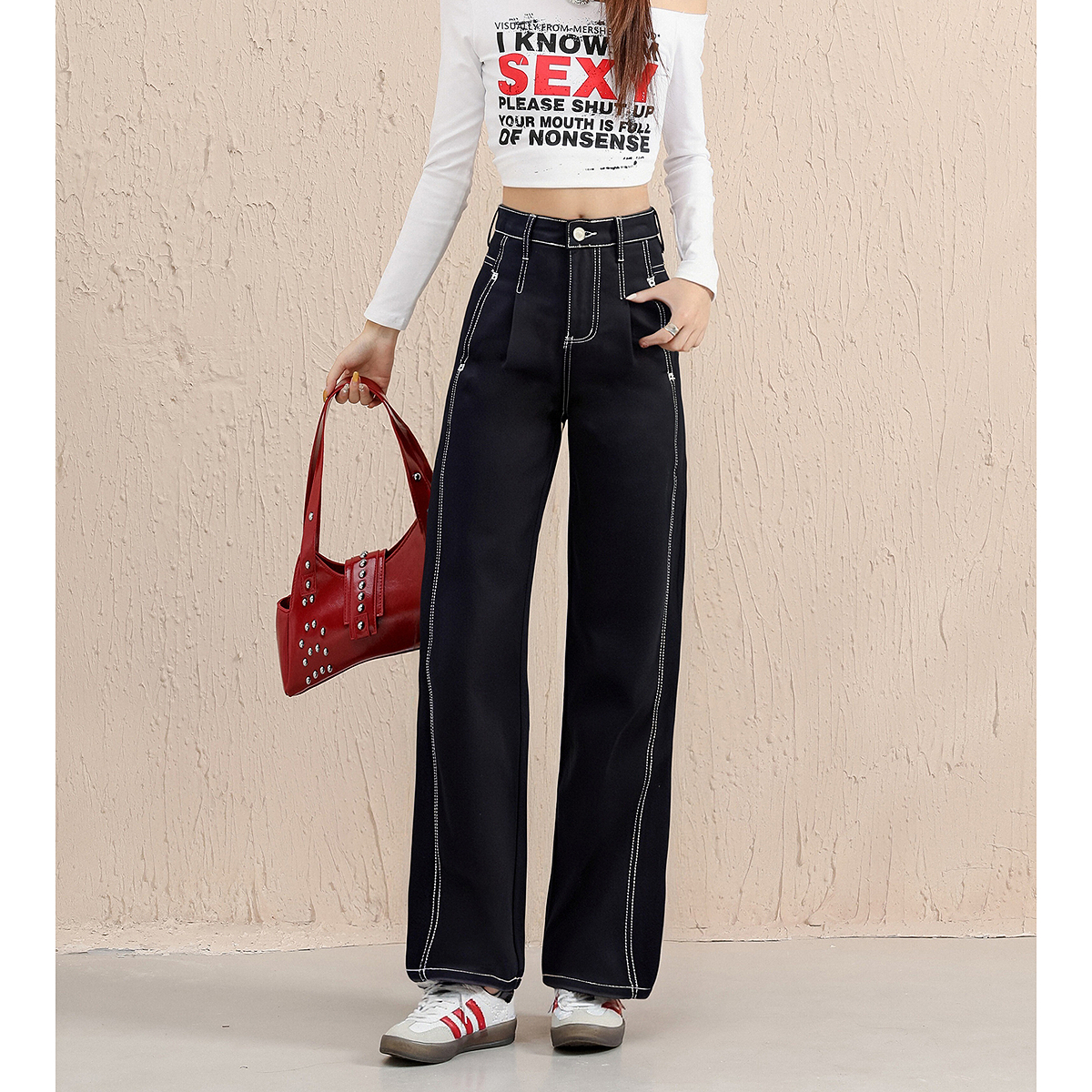 唐狮秋冬季牛仔长裤女明线设计直