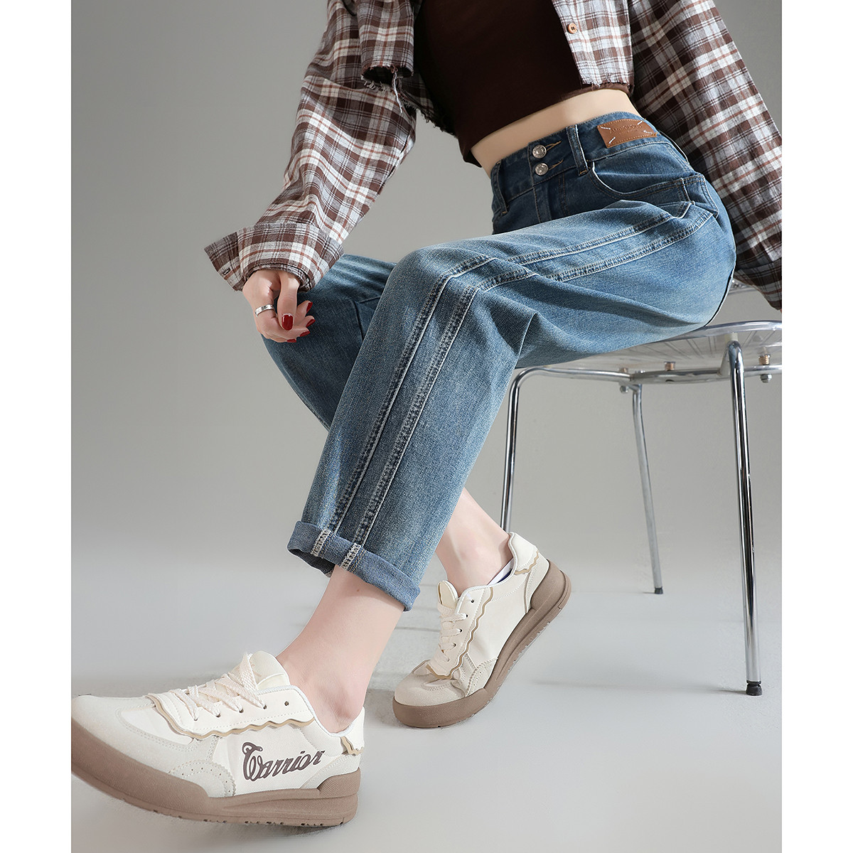 唐狮春季新款高腰牛仔裤女宽松直筒哈伦裤显瘦复古水洗潮流裤子TD