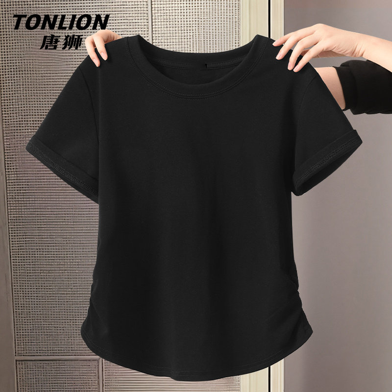 唐狮黑色短袖t恤女2026夏新款时尚百搭休闲抽褶紧身正肩上衣VB