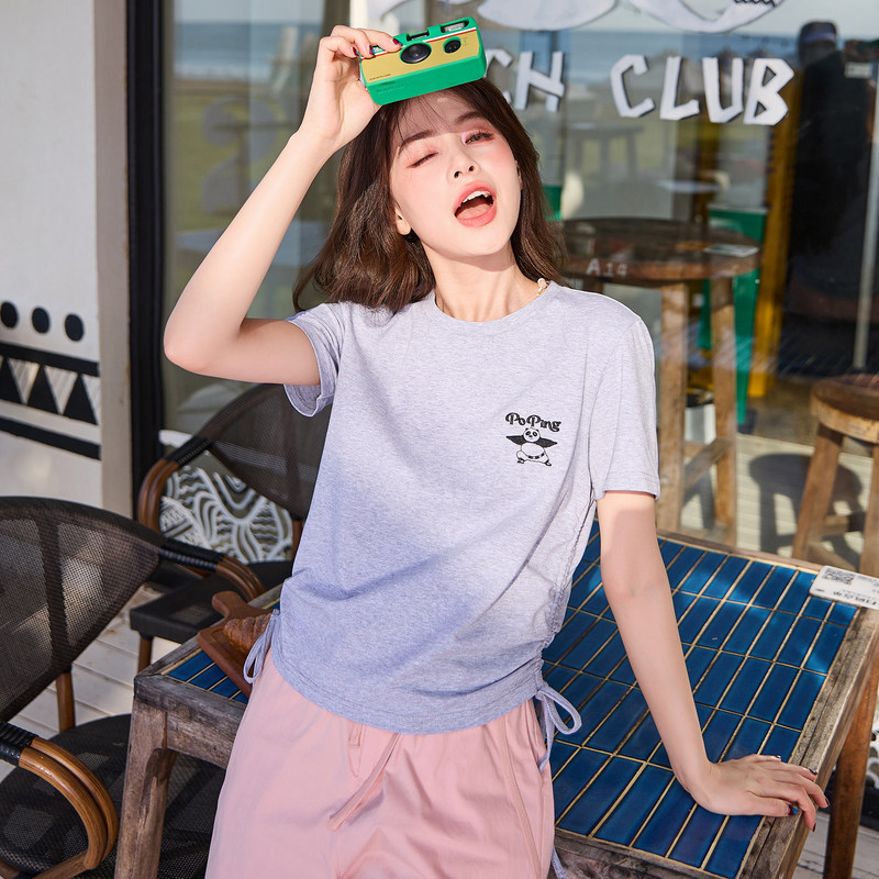 [功夫熊猫联名]唐狮下摆抽绳甜辣小上衣女短款新款修身T恤