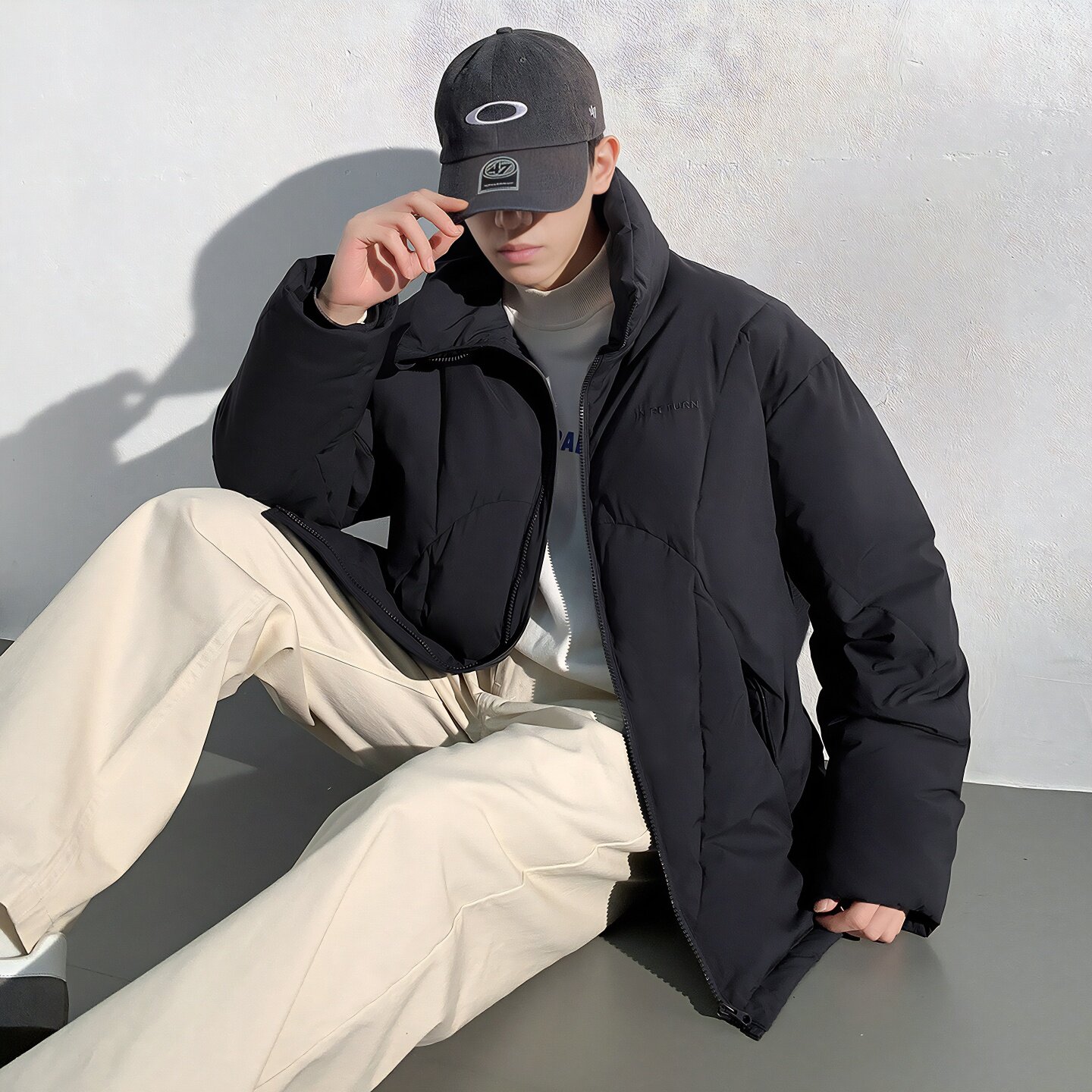 唐狮冬季新款棉衣男款立领宽松休闲棉服保暖防寒冬装外套黑色TD