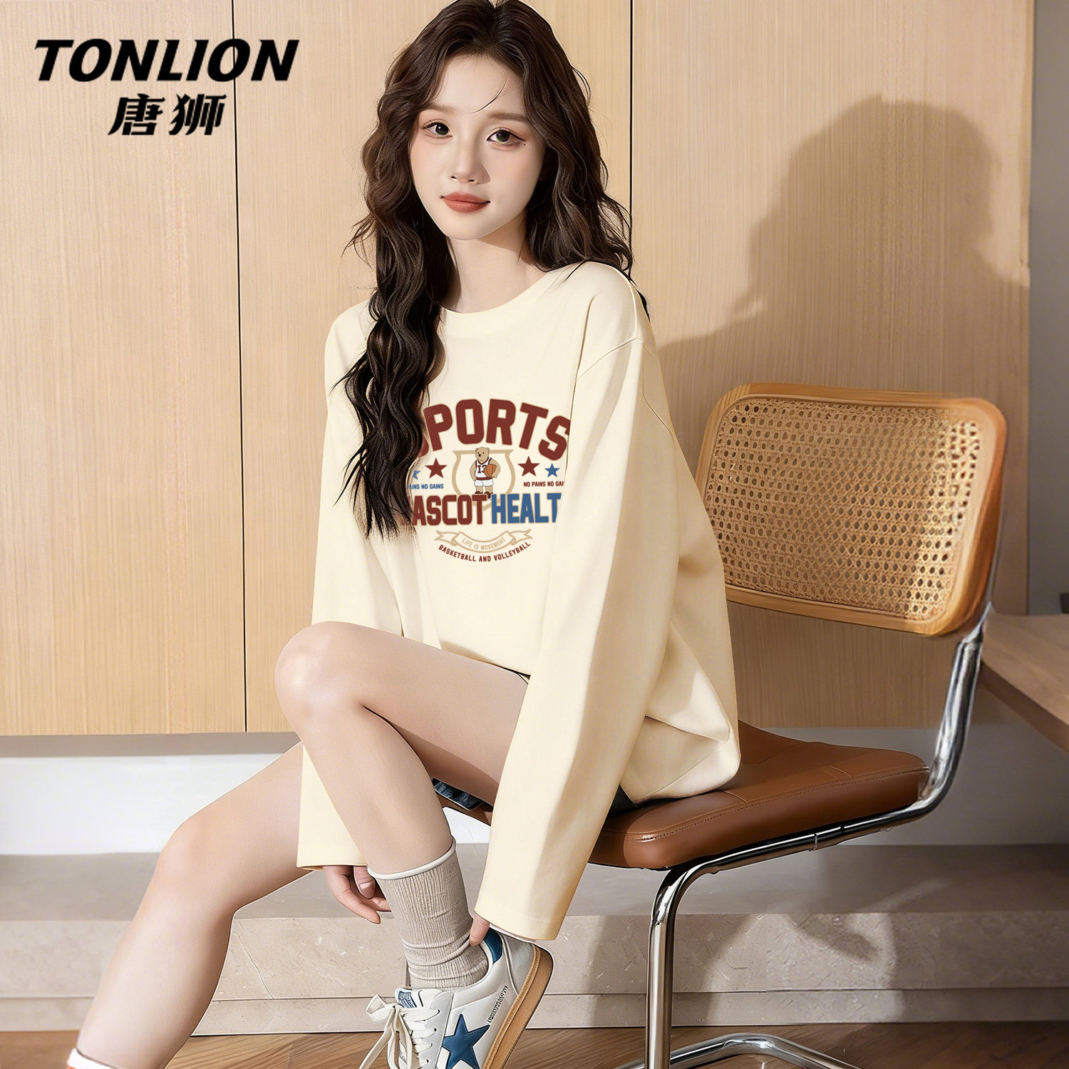 唐狮官方纯棉长袖上衣女2026新款春秋款女款休闲圆领宽松t恤女V