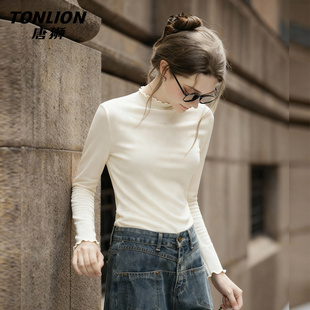 唐狮内搭打底衫女2026新款冬季小个子修身木耳边半高领长袖上衣VB