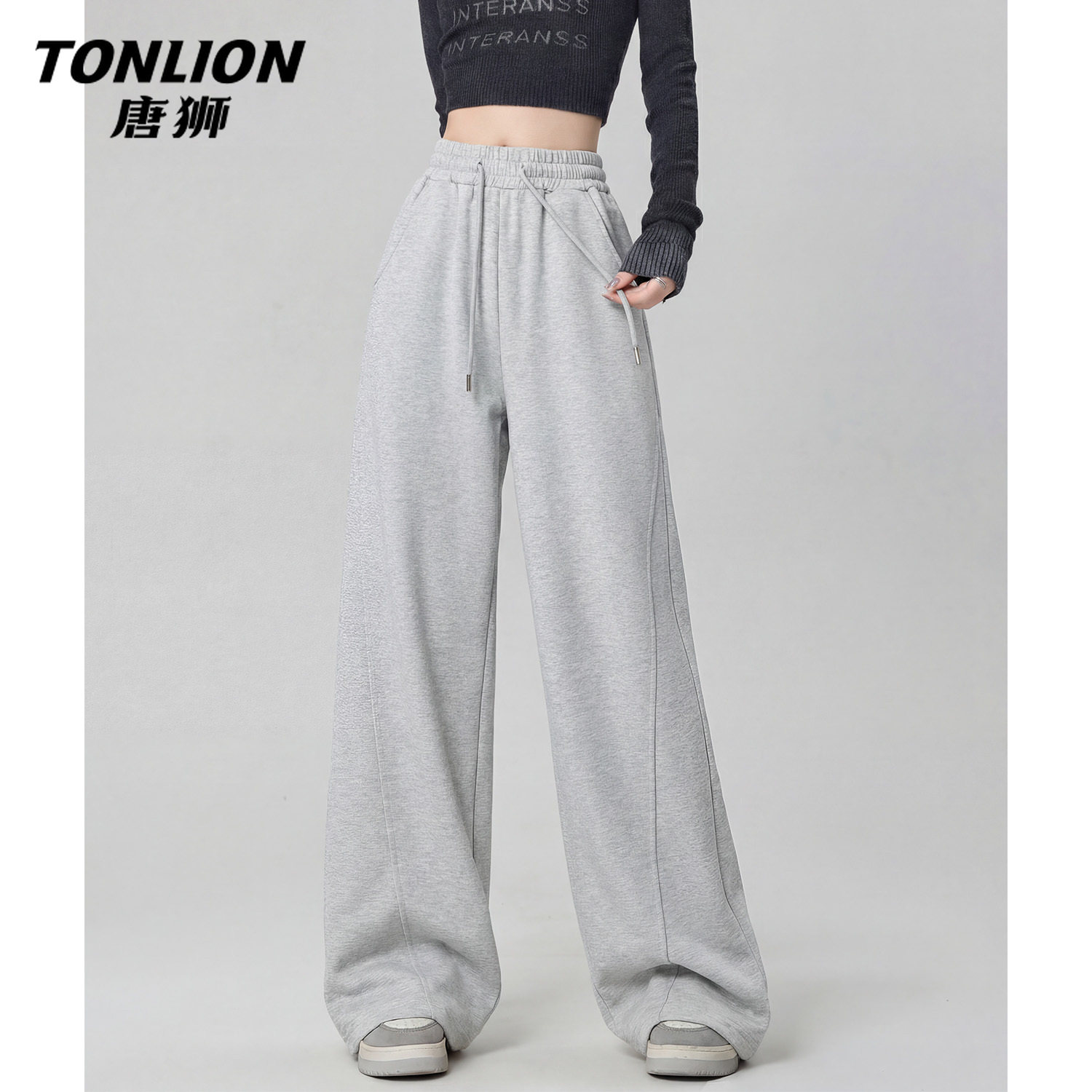 唐狮官方灰色运动裤女款2026新款春秋款女士高腰直筒显瘦阔腿裤V
