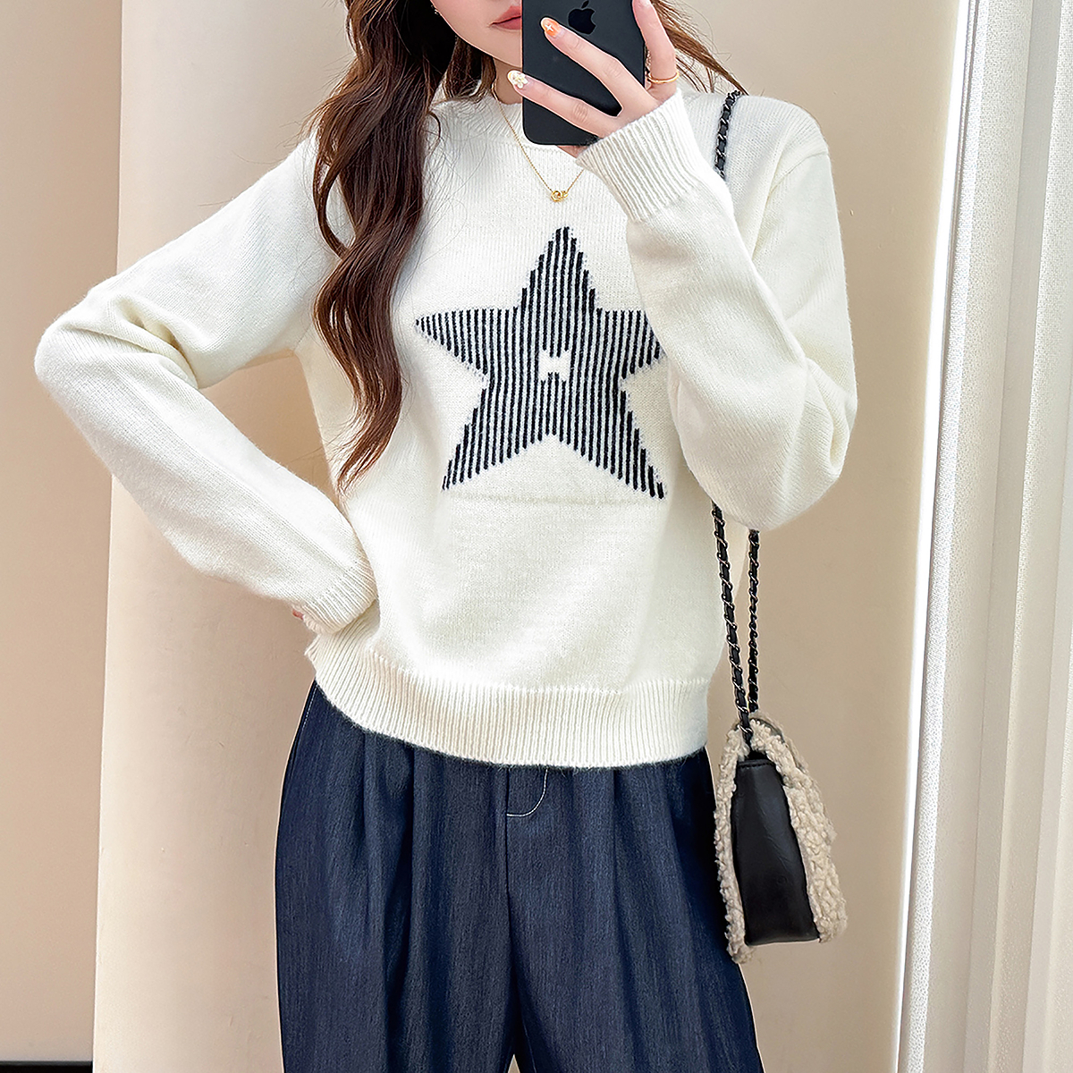 唐狮秋冬毛衣女简约风百搭图案圆