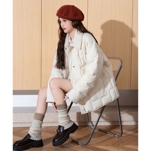 唐狮冬季女女短款翻领羽绒服拼接