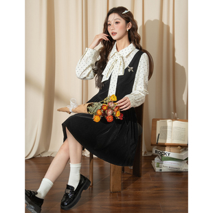 唐狮秋冬季新款连衣裙女长袖衬衫领波点假两件收腰洋气超好看TM