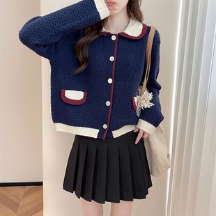 唐狮秋冬季女毛衣优雅气质撞色翻领开衫通勤约红色费尔岛外套TD